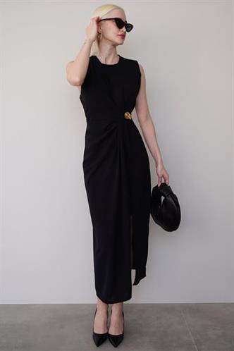 Siyah Bronşlu Midi Boy Kadın Elbise Mg2418