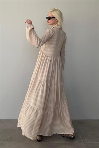 Bej Çizgili Düğmeli Uzun Elbise MG2392