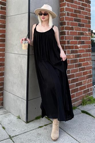 Siyah Halter Yaka Askılı Uzun Basic Kadın Elbise MG2163