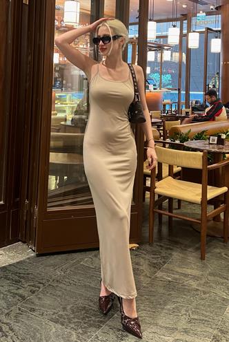 Bej Uzun Asklı Basic Elbise MG1852