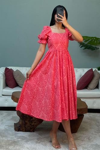 Kırmızı Balon Kol Desenli Midi Boy Kadın Elbise Mg2419