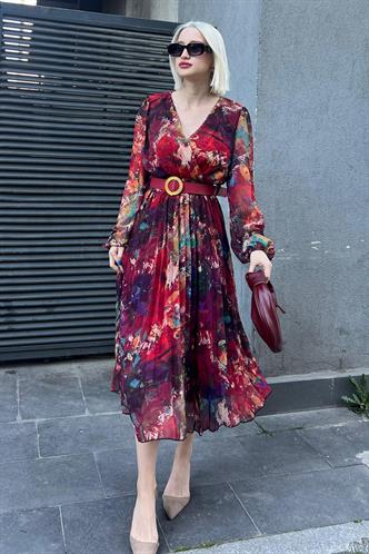 Kırmızı Kruvaze Yaka Desenli Şifon Elbise MG2065