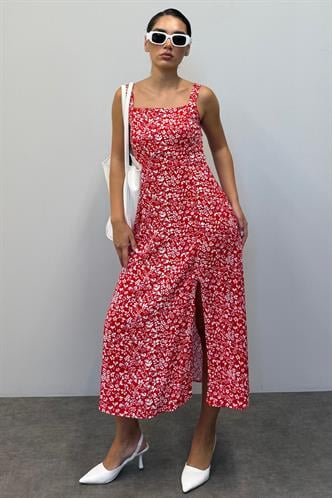 Kırmızı Desenli Yırtmaçlı Uzun Elbise MG1868