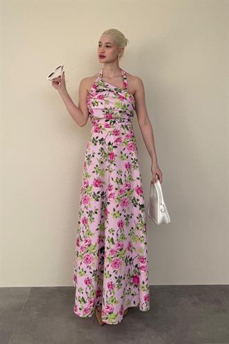 Pembe Önü Büzgülü Çiçekli Uzun Elbise MG2363