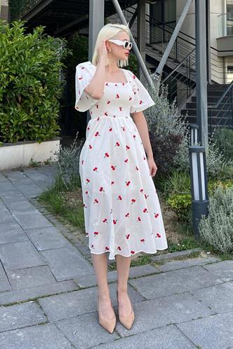 Beyaz Desenli Midi Boy Kadın Elbise Mg2475