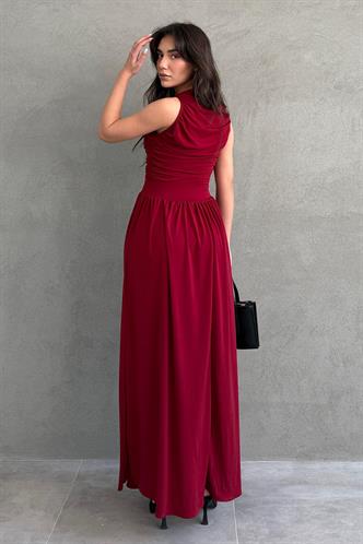 Bordo Önü Dökümlü Uzun Boy Kadın Elbise Mg2364