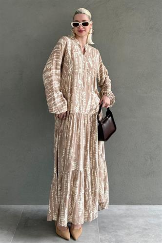 Bej Desenli Önü Düğmeli  Uzun Kollu Elbise MG2398