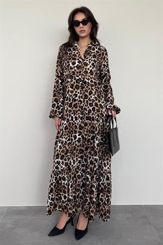 Kahverengi Leopar Desenli Düğmeli Kadın Elbise MG2399