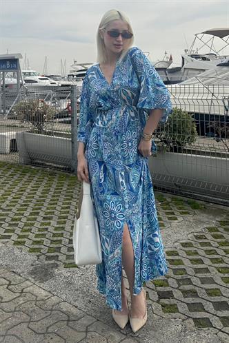 Saks Desenli Yırtmaç Detaylı Uzun Elbise MG2325