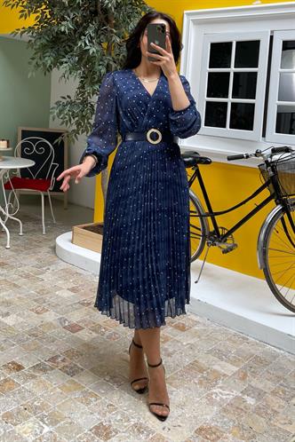 Lacivert Kruvaze Yaka Puantiyeli Şifon Elbise MG2065