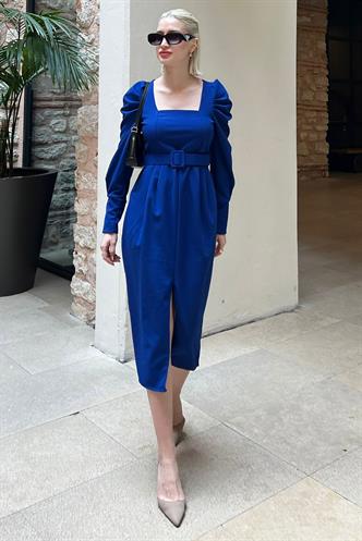 Saks Karpuz Kol Kare Yaka Kalem Elbise MG2046