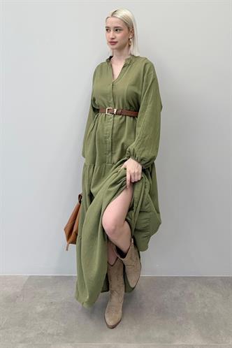 Haki Uzun Kollu Düğmeli Elbise Mg2433