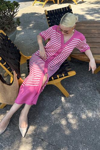 Pembe Düğmeli Triko Kadın Elbise MG1648