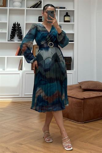 Mavi V Yaka Beli Lastikli Desenli Şifon Elbise MG2225