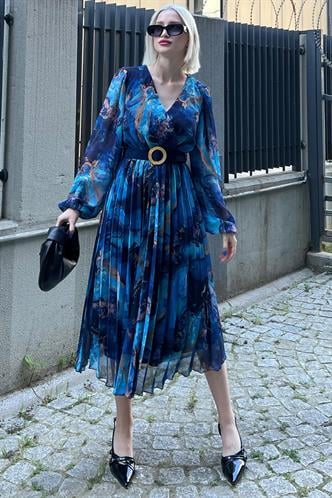 Saks Kruvaze Yaka Desenli Şifon Elbise MG2065