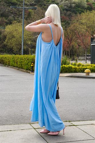 Bebe Mavisi Bisiklet Yaka Askılı Uzun Basic Kadın Elbise MG2163