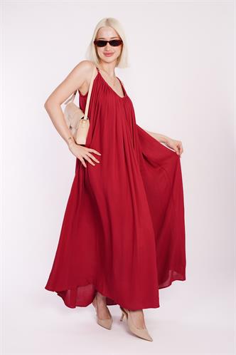 Bordo Bisiklet Yaka Askılı Uzun Basic Kadın Elbise MG2163