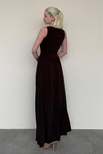 Kahverengi Önü Dökümlü Uzun Boy Kadın Elbise Mg2364