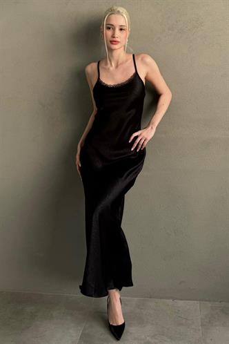 Siyah Ayarlanabilir Askı Dantel Detaylı Kadın Elbise Mg2660