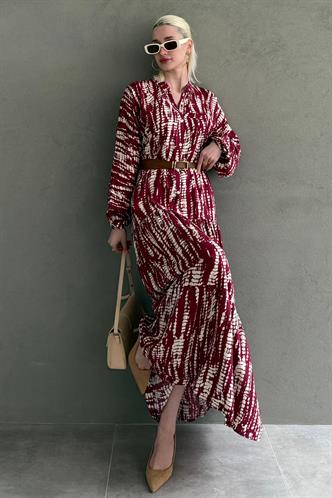 Bordo Desenli Önü Düğmeli  Uzun Kollu Elbise MG2398