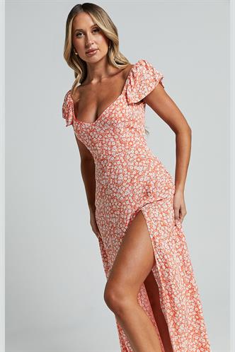 Turuncu Desenli Yırtmaçlı Uzun Elbise MG2004