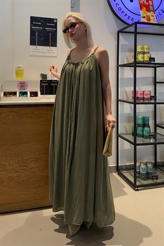 Yeşil Bisiklet Yaka Askılı Uzun Basic Kadın Elbise MG2163