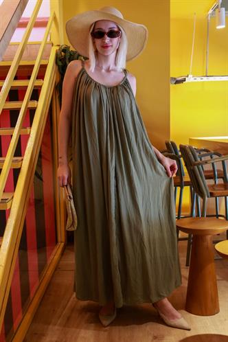 Yeşil Bisiklet Yaka Askılı Uzun Basic Kadın Elbise MG2163