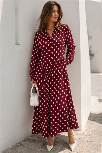 Bordo Uzun Kollu Düğmeli Desenli Elbise Mg2430