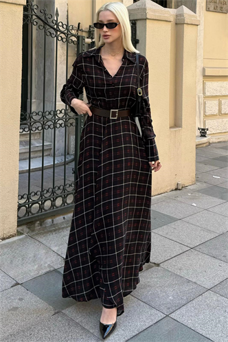 Siyah Ekose Desenli Kemerli Uzun Kadın Elbise MG2716