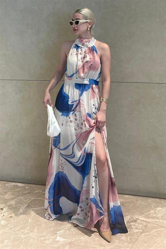Saks/Pembe Halter Yaka Yırtmaç Detaylı Desenli Uzun Elbise MG2162