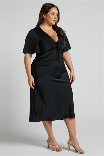 Siyah Midi Boy Kısa Kollu Saten Elbise MG2013