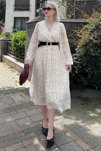 Krem Kruvaze Yaka Puantiyeli Şifon Elbise MG2065