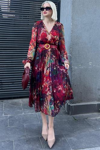 Kırmızı Kruvaze Yaka Desenli Şifon Elbise MG2065