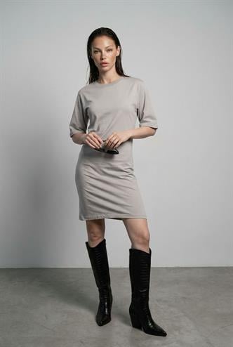 Boyalı Gri Bisiklet Yaka Yarım Kollu Kadın Tişört Elbise MG2656 
