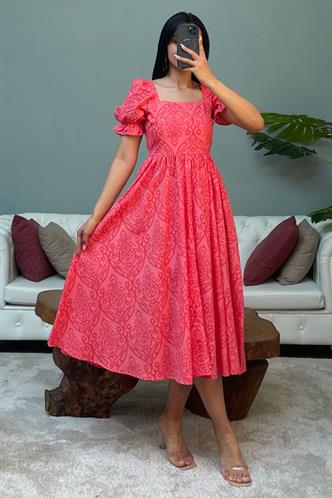 Kırmızı Balon Kol Desenli Midi Boy Kadın Elbise Mg2419