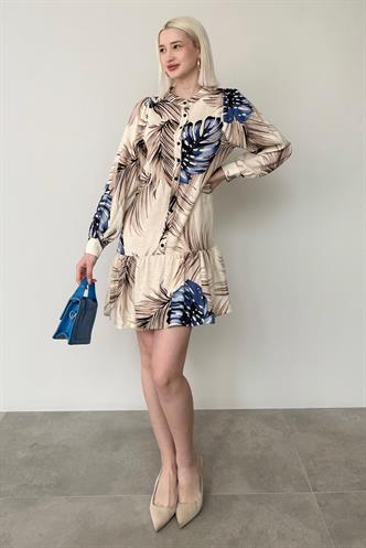 Saks Desenli Düğmeli Kısa Kadın Elbise MG2432 