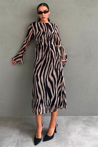 Bej Zebra Desenli Şifon Midi Elbise MG2854