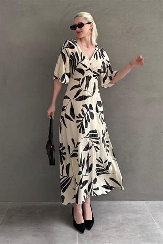 Ekru Desenli  Yarım Kollu Elbise MG2395