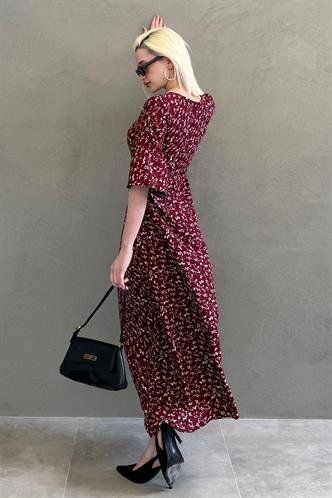 Bordo Çiçek Desenli  Yarım Kollu Elbise MG2395