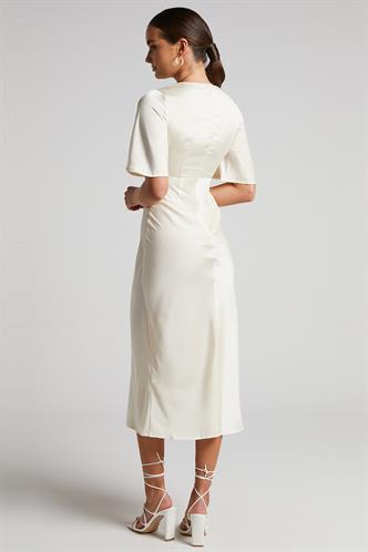 Bej Midi Boy Kısa Kollu Saten Elbise MG2013