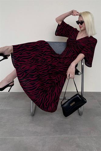 Bordo Zebra Desenli V Yaka Yarım Kollu Elbise MG2394