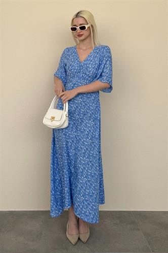 Mavi Çiçek Desenli  Yarım Kollu Elbise MG2395