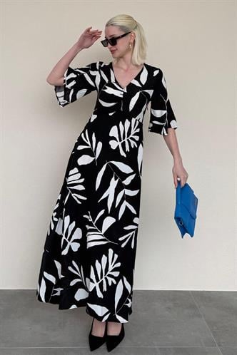 Siyah Desenli  Yarım Kollu Elbise MG2395