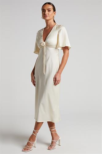 Bej Midi Boy Kısa Kollu Saten Elbise MG2013