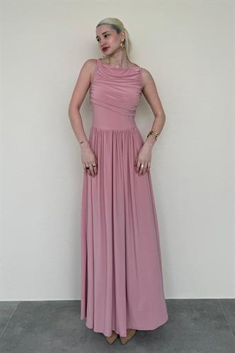 Pembe Önü Dökümlü Uzun Boy Kadın Elbise Mg2364