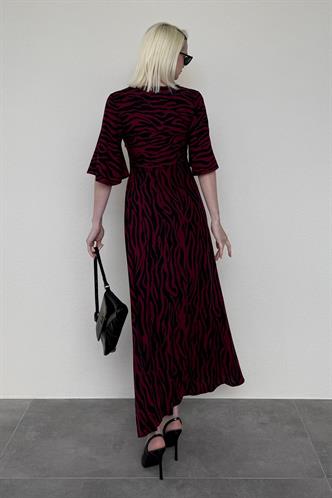 Bordo Zebra Desenli V Yaka Yarım Kollu Elbise MG2394