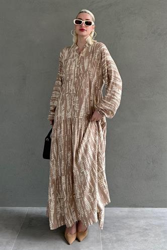 Bej Desenli Önü Düğmeli  Uzun Kollu Elbise MG2398