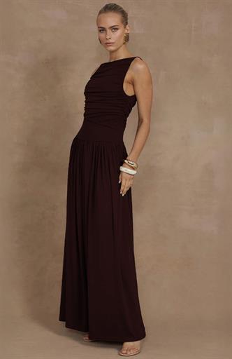 Kahverengi Önü Dökümlü Uzun Boy Kadın Elbise Mg2364