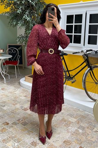 Bordo Kruvaze Yaka Puantiyeli Şifon Elbise MG2065