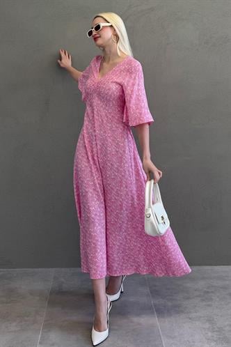 Pembe  Çiçek Desenli  Yarım Kollu Elbise MG2395